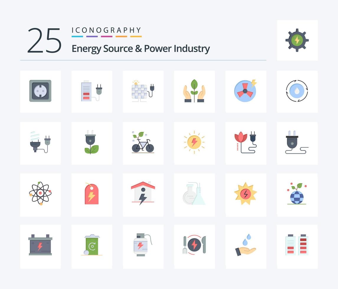 fonte de energia e indústria de energia 25 pacote de ícones de cores planas, incluindo ventilador. mão. plugue. plantar. plugue vetor