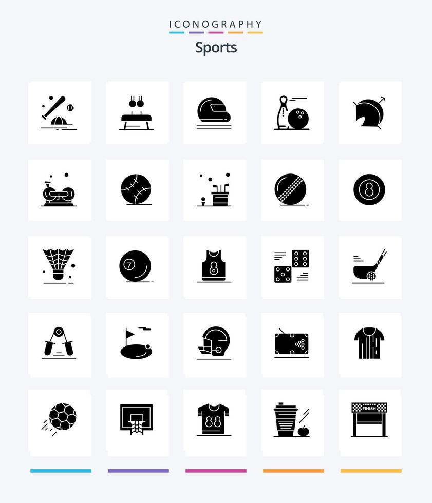 Pacote de ícones preto sólido de 25 glifos para esportes criativos, como pinos. bola. argolas. esporte. segurança vetor
