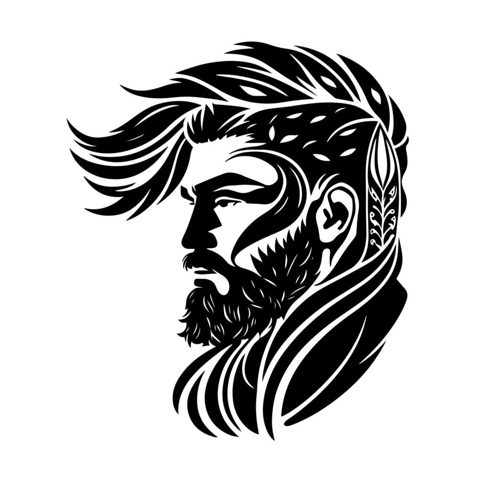 homem ornamental e robusto com cabelo, barba e bigode estilosos. ilustração decorativa para logotipo de barbearia, emblema, tatuagem, bordado, corte a laser. vetor