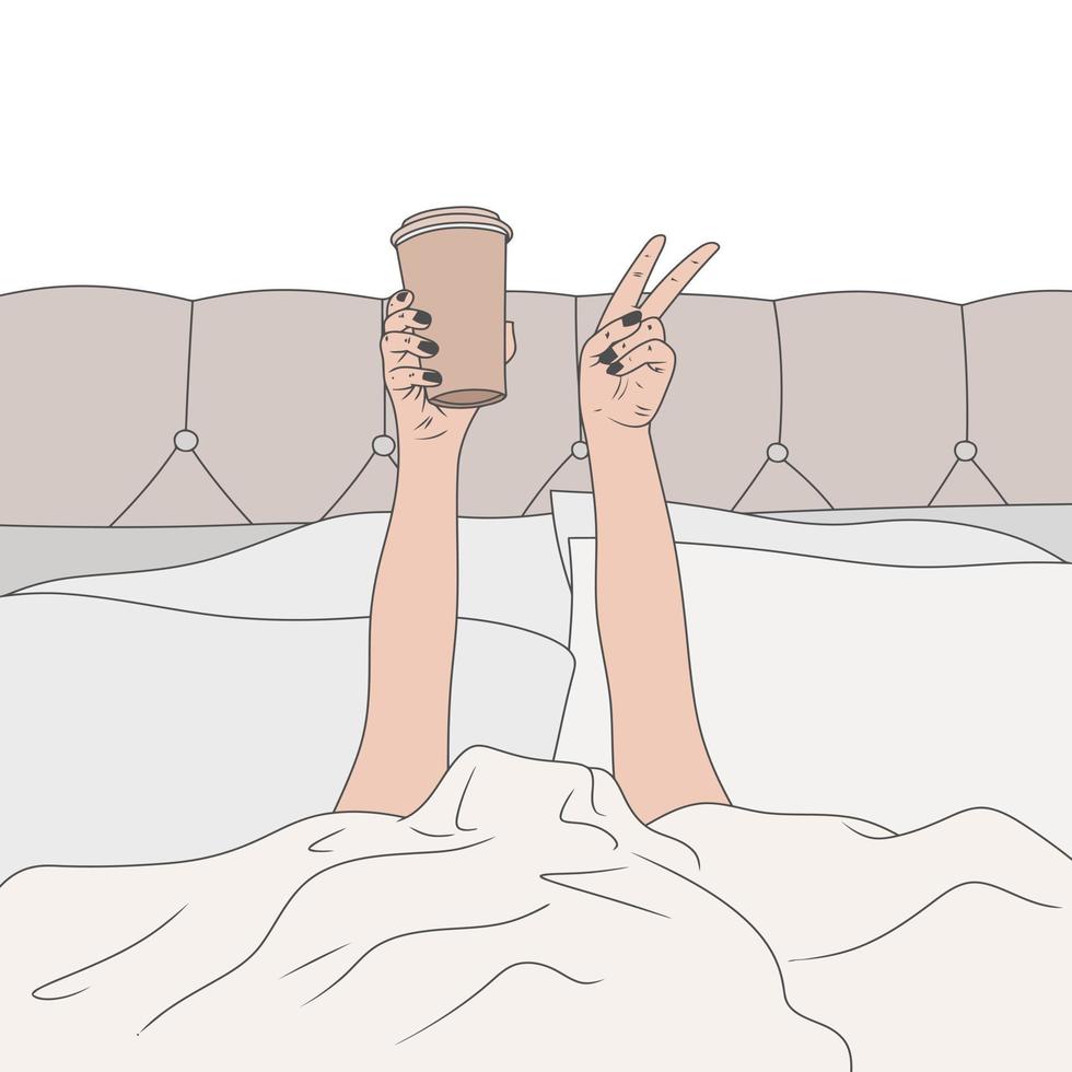 vetor livre tomando café na cama com as mãos felizes e apenas acordando tarde
