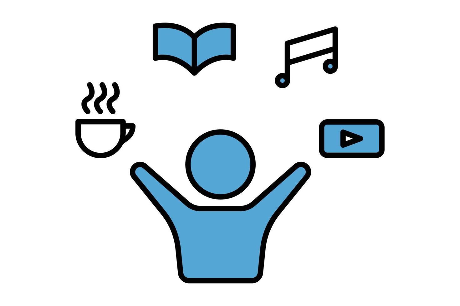 ilustração do ícone do passatempo. ícone de pessoas com xícara de café, livro, música, vídeo. ícone relacionado ao estilo de vida. estilo de ícone de linha plana. design vetorial simples editável vetor