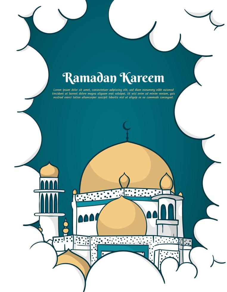 modelo ramadan kareem com fundo de mesquita e nuvem em design desenhado à mão vetor