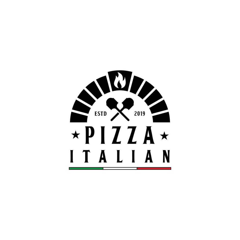 forno de tijolos de lenha com pá um design de logotipo de pizza vetor