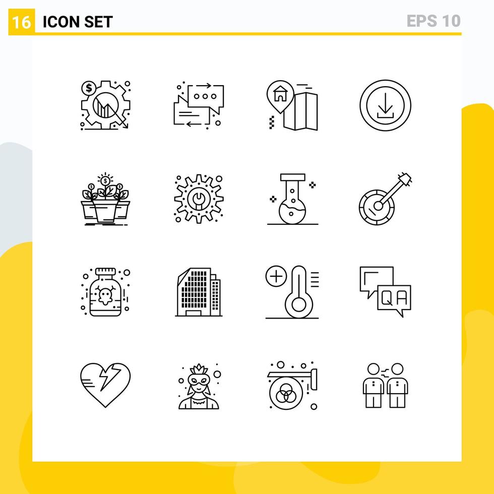 grupo de símbolos de ícone universal de 16 contornos modernos de aplicativos de download de seta de loja de crescimento elementos de design de vetores editáveis