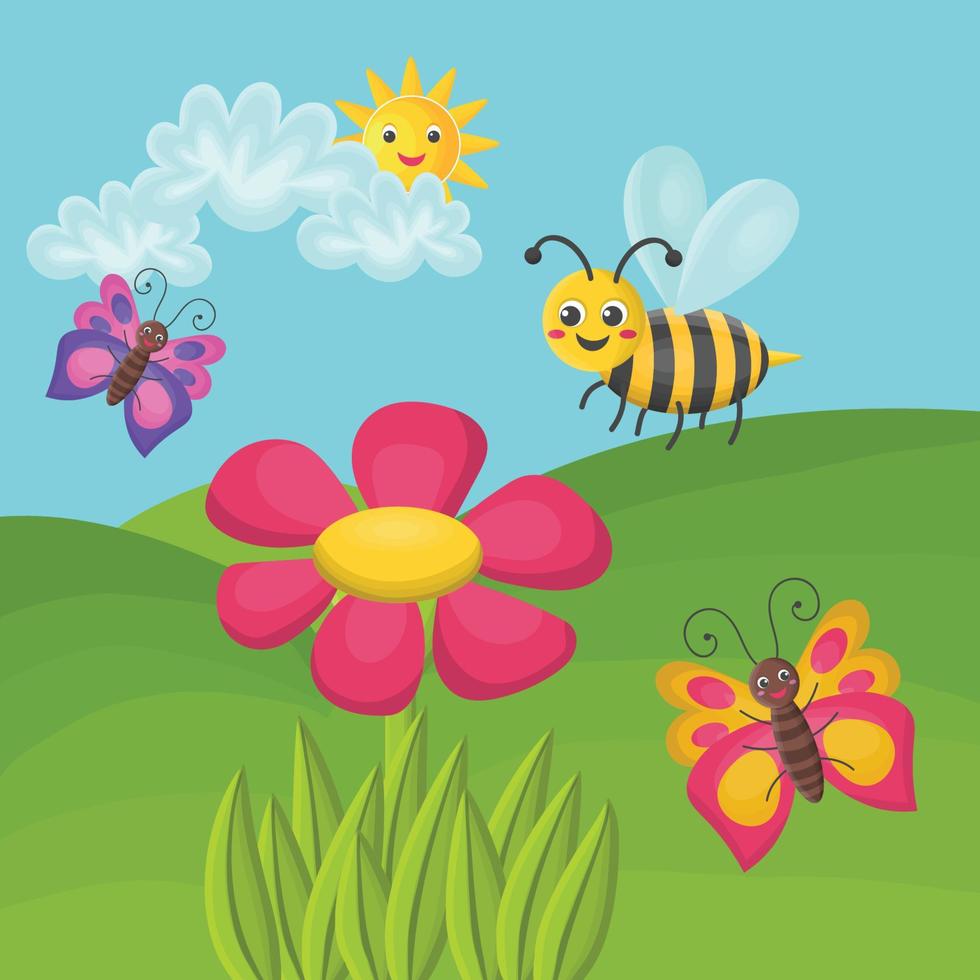 paisagem ensolarada com gramado, abelha bonita e borboletas, flor rosa, sol e nuvens, dia ensolarado de verão. o conceito de felicidade. bom humor. vetor