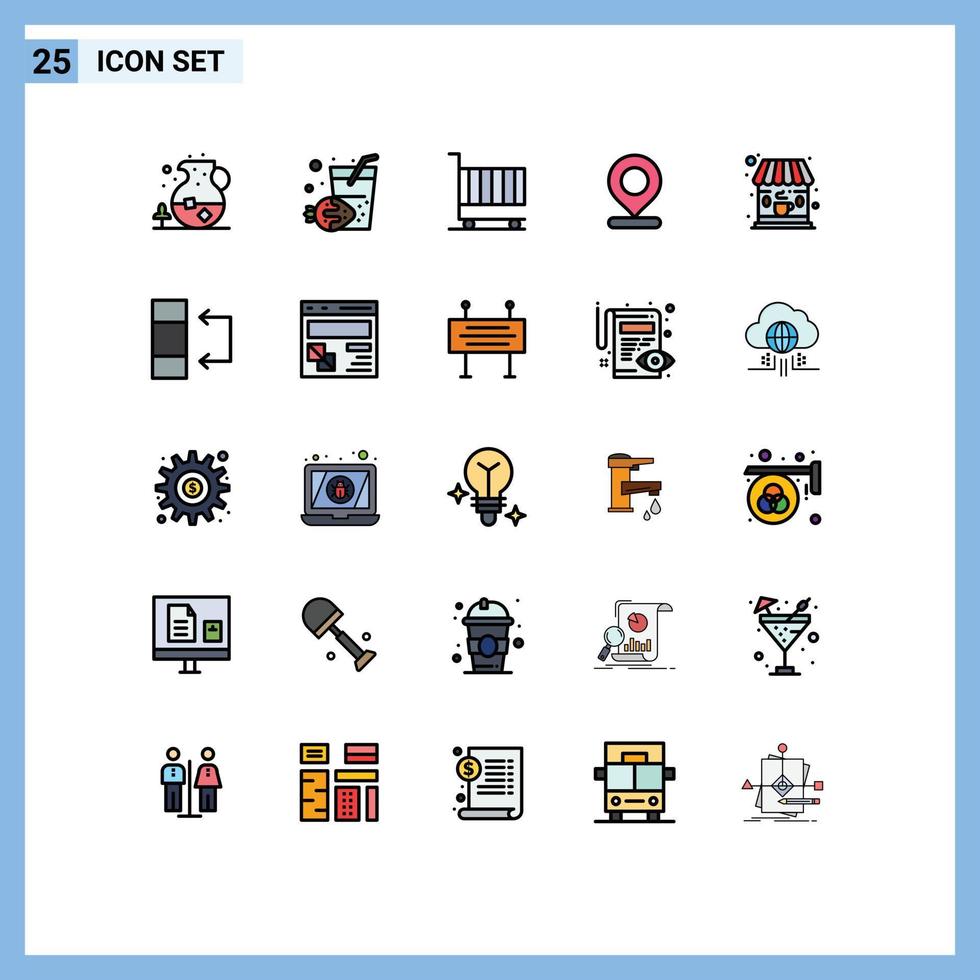 conjunto de cores planas de linha preenchida de interface móvel de 25 pictogramas de localização de marcadores de carrinho de café editáveis elementos de design vetorial vetor