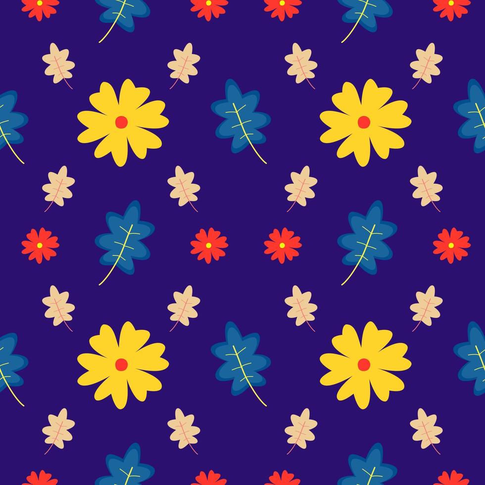 padrão perfeito de flores coloridas e folhas com fundo azul escuro vetor