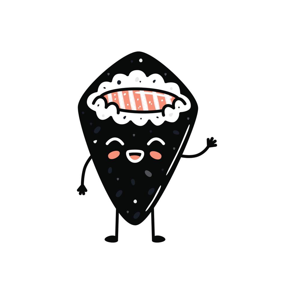 mascote de sushi kawaii em estilo cartoon. lindo temaki com salmão para menu vetor