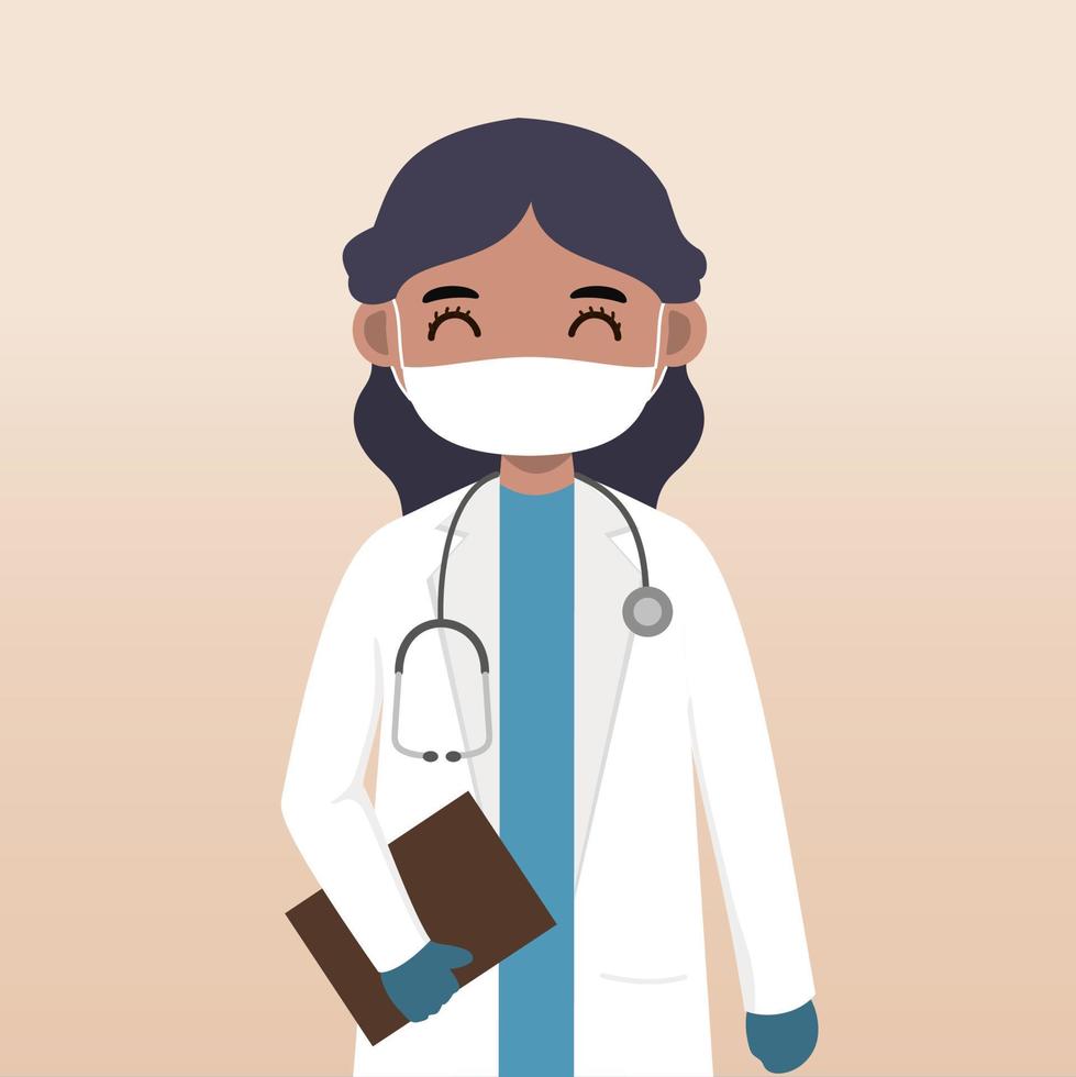 personagem de médico de vista frontal. criação de personagem médico definida com emoção facial, pose e gesto. estilo dos desenhos animados, médico vector plana illustration.female usando máscara. dedo apontando para cima, segurando a prancheta.