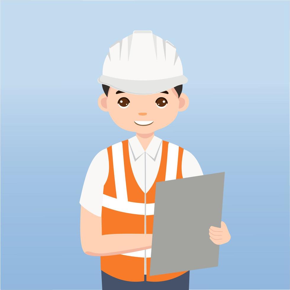 arquiteto, técnico e construtores e engenheiros e mecânicos e trabalhadores da construção civil trabalho em equipe, personagem de desenho animado de ilustração vetorial. engenheiro com capacete de segurança branco no canteiro de obras. vetor