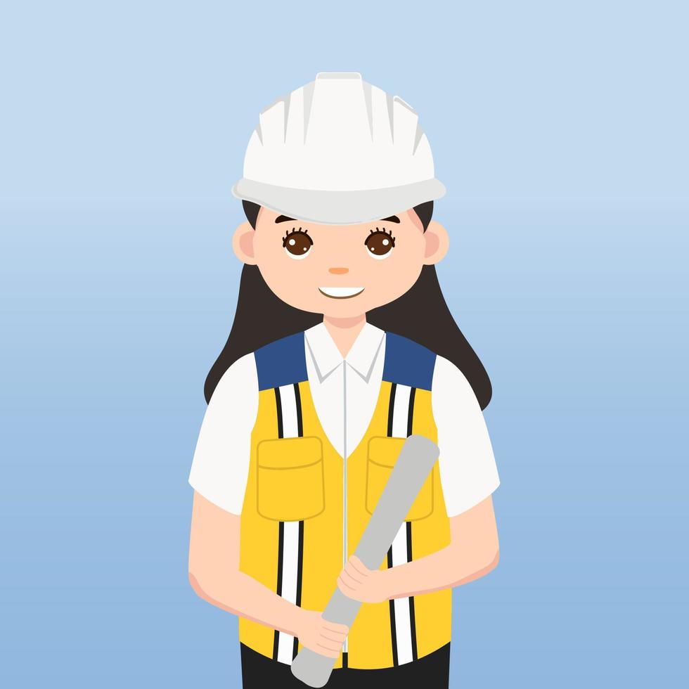 arquiteto, técnico e construtores e engenheiros e mecânicos e trabalhadores da construção civil trabalho em equipe, personagem de desenho animado de ilustração vetorial. engenheiro com capacete de segurança branco no canteiro de obras. vetor