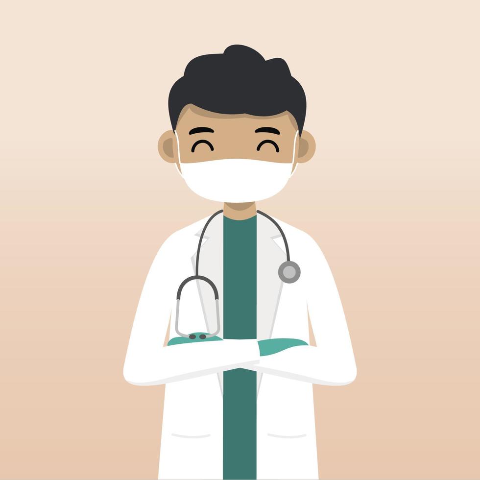 personagem de médico de vista frontal usando máscara. criação de personagem médico com emoção facial, pose e gesto. estilo cartoon, ilustração vetorial plana. dedo do médico masculino apontando para cima, segurando a área de transferência. vetor