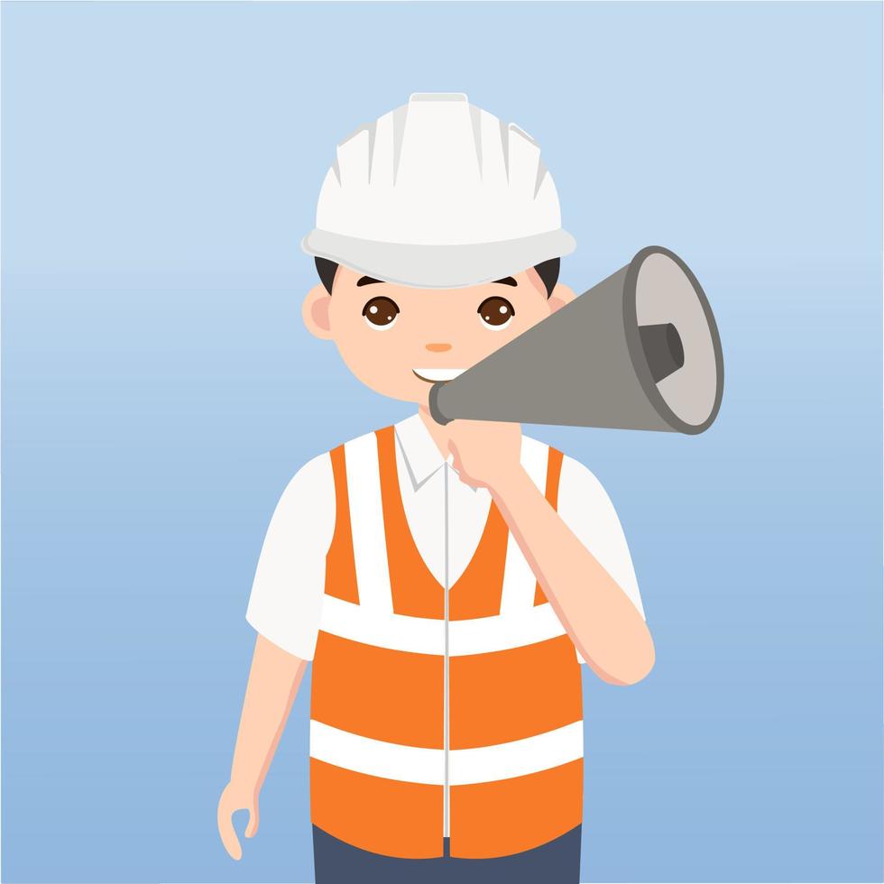 arquiteto, técnico e construtores e engenheiros e mecânicos e trabalhadores da construção civil trabalho em equipe, personagem de desenho animado de ilustração vetorial. engenheiro com capacete de segurança branco no canteiro de obras. vetor