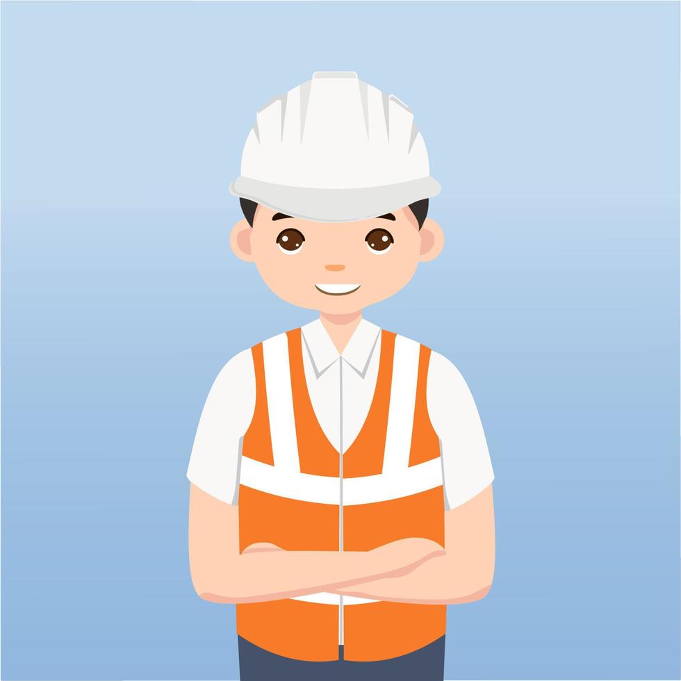 arquiteto, técnico e construtores e engenheiros e mecânicos e trabalhadores da construção civil trabalho em equipe, personagem de desenho animado de ilustração vetorial. engenheiro com capacete de segurança branco no canteiro de obras. vetor