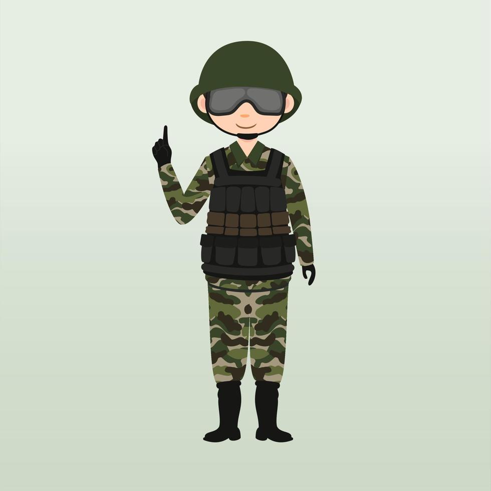 soldado do exército, homens, em saudação de uniforme de combate de camuflagem. estilo bonito de desenho animado plano. vetor de personagem do exército ou soldado. soldado mantém vigilância em guarda. guardas florestais na fronteira.