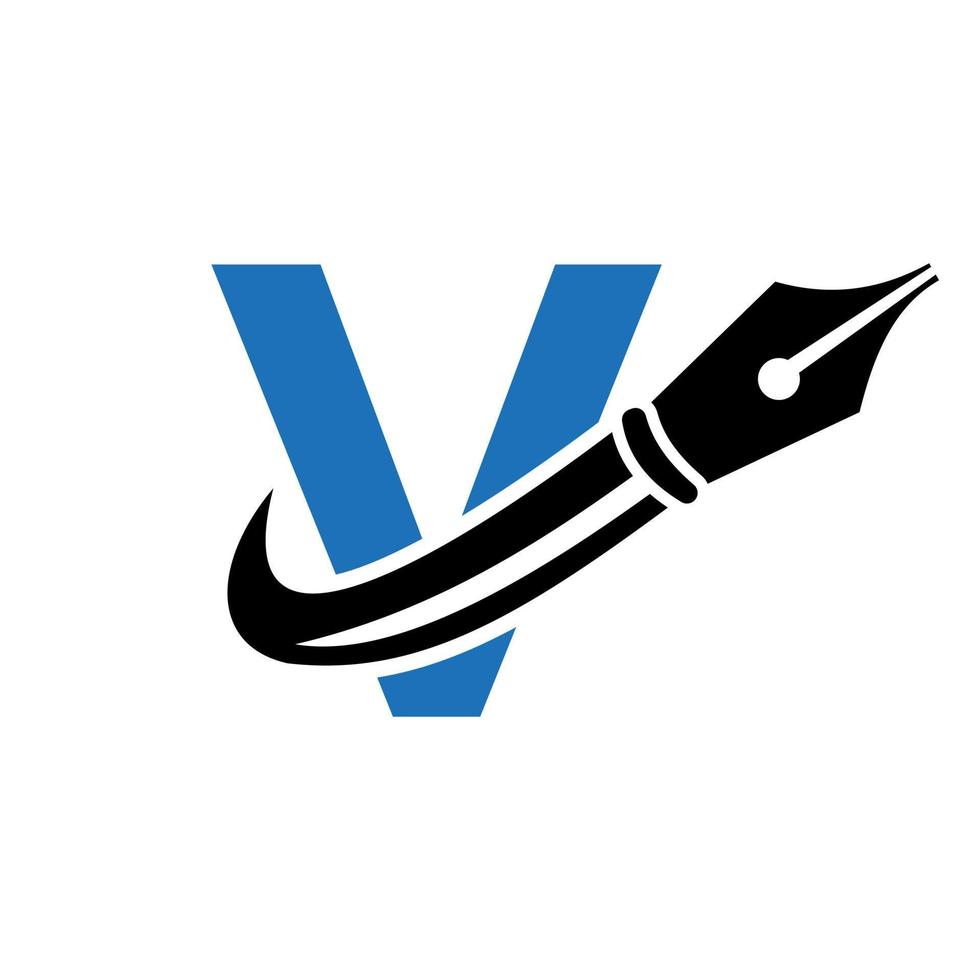 logotipo educacional no conceito de letra v com modelo de vetor de ponta de caneta
