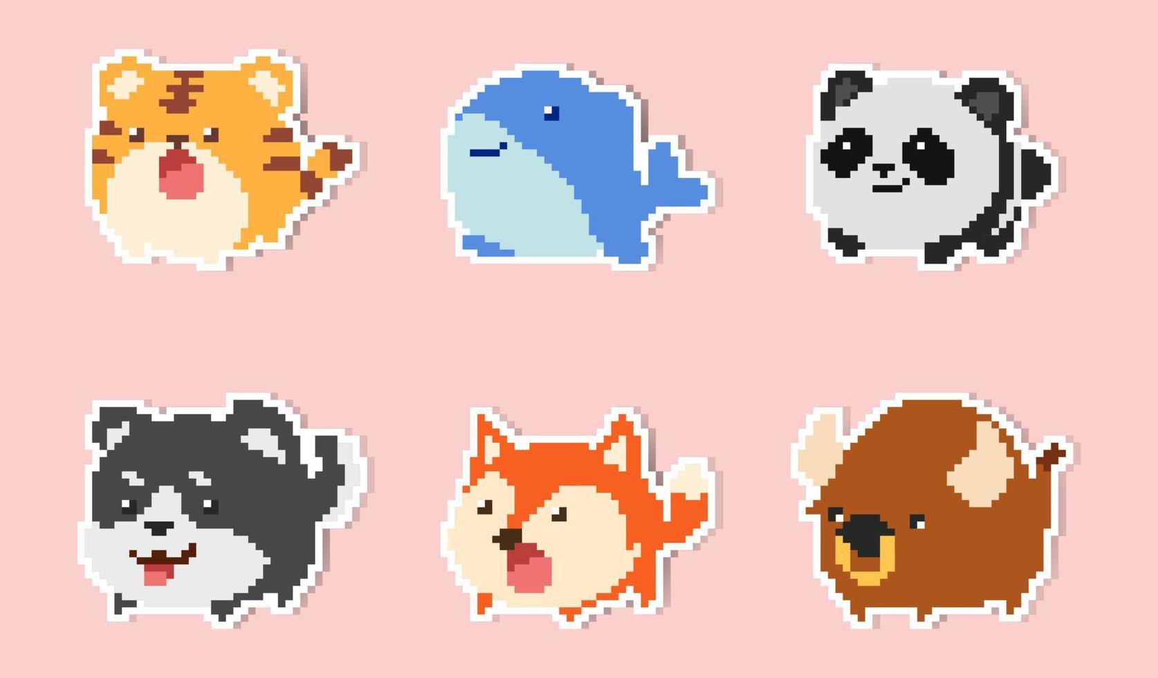 conjunto de adesivos de animais de desenhos animados fofos e adoráveis estilo pixel art 2 vetor