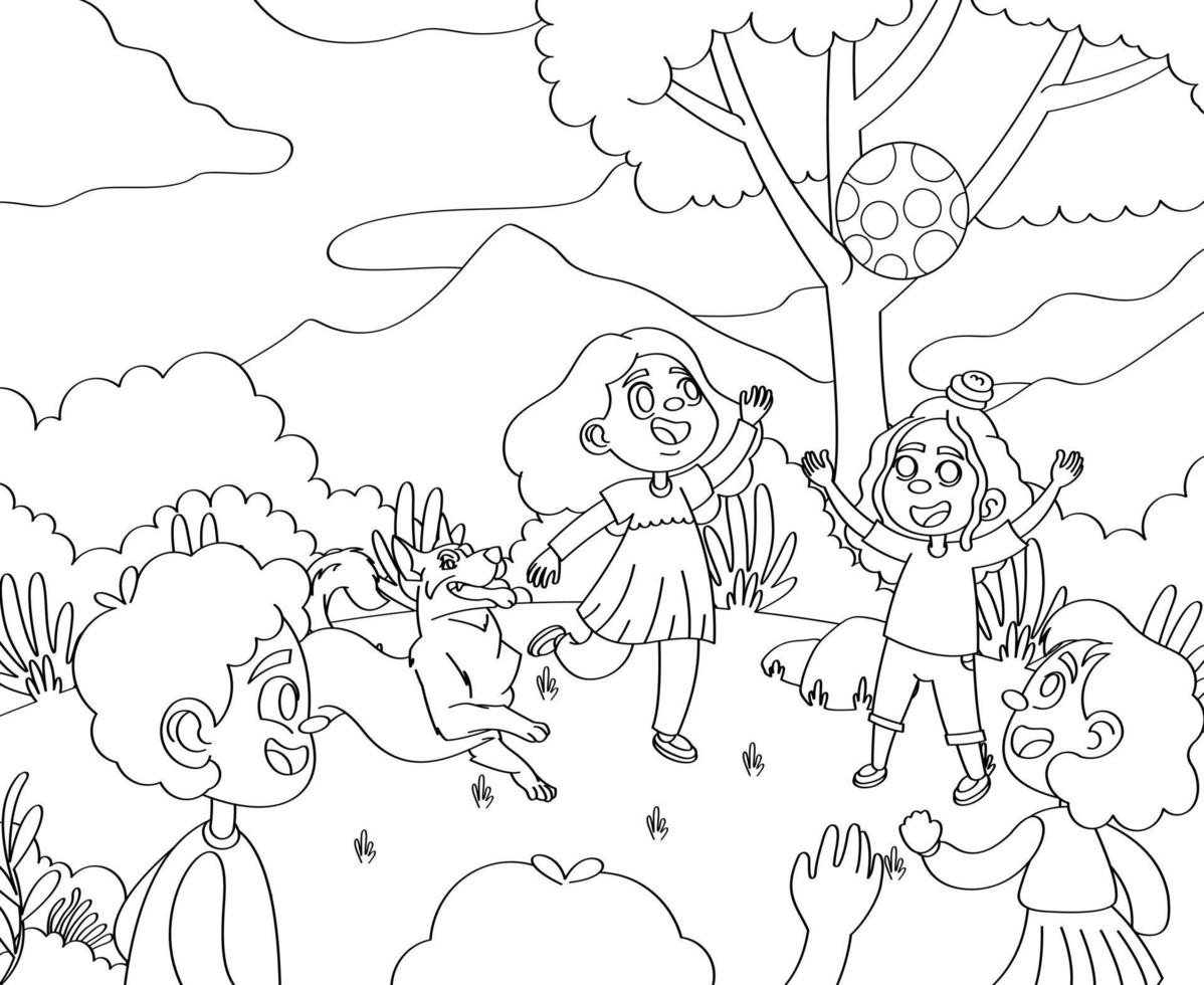 livro para colorir crianças jogando bola na floresta vetor