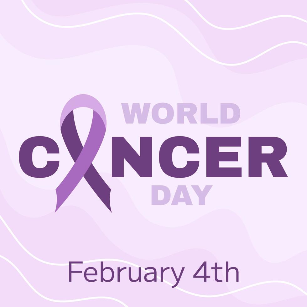 dia mundial de conscientização do câncer, 4 de fevereiro. símbolo de fita lilás ou roxo de câncer em fundo claro. pare o modelo quadrado de cuidados de saúde da campanha de câncer para mídia social ou site vetor