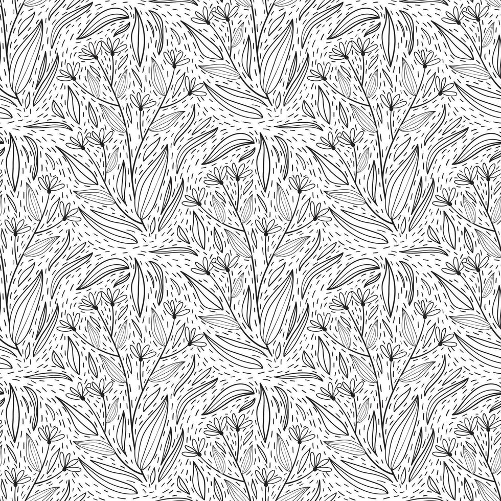 padrão floral sem costura em estilo de linha preto e branco com motivo de azulejo de Damasco. doodle flores impressão têxtil. gráfico de natureza vintage. pequenas flores de prado com folhas vetor