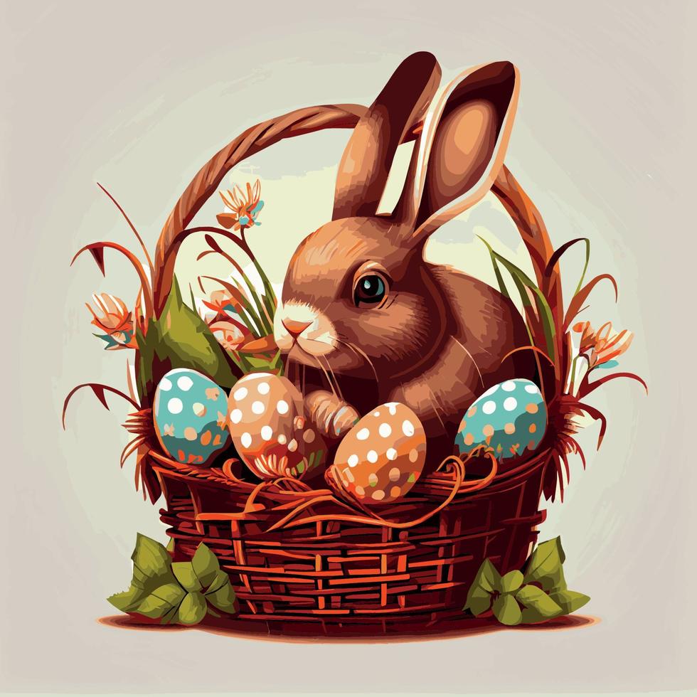 cesta festiva com coelho fofo e ovos ortodoxos de páscoa em um fundo claro - vector