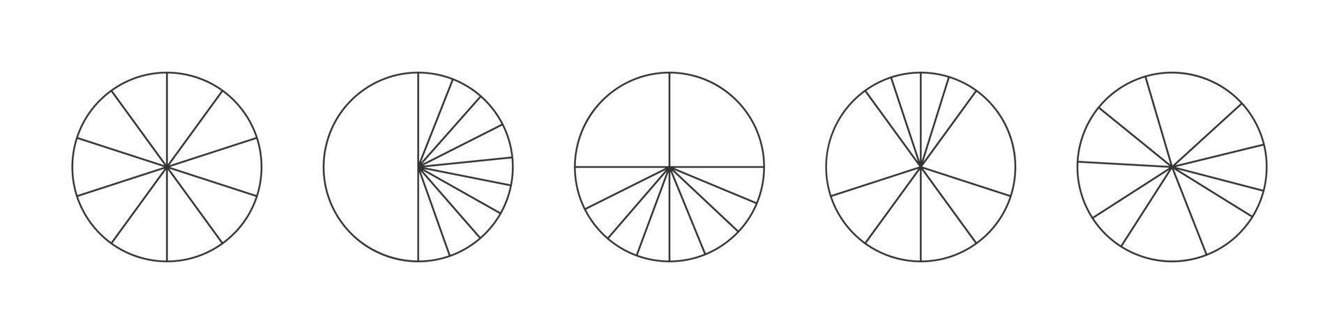 círculos de contorno divididos em 10 segmentos. formas redondas de torta ou pizza cortadas em dez fatias diferentes. exemplos de infográficos estatísticos simples vetor