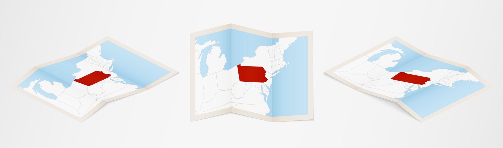 mapa dobrado da Pensilvânia em três versões diferentes. vetor