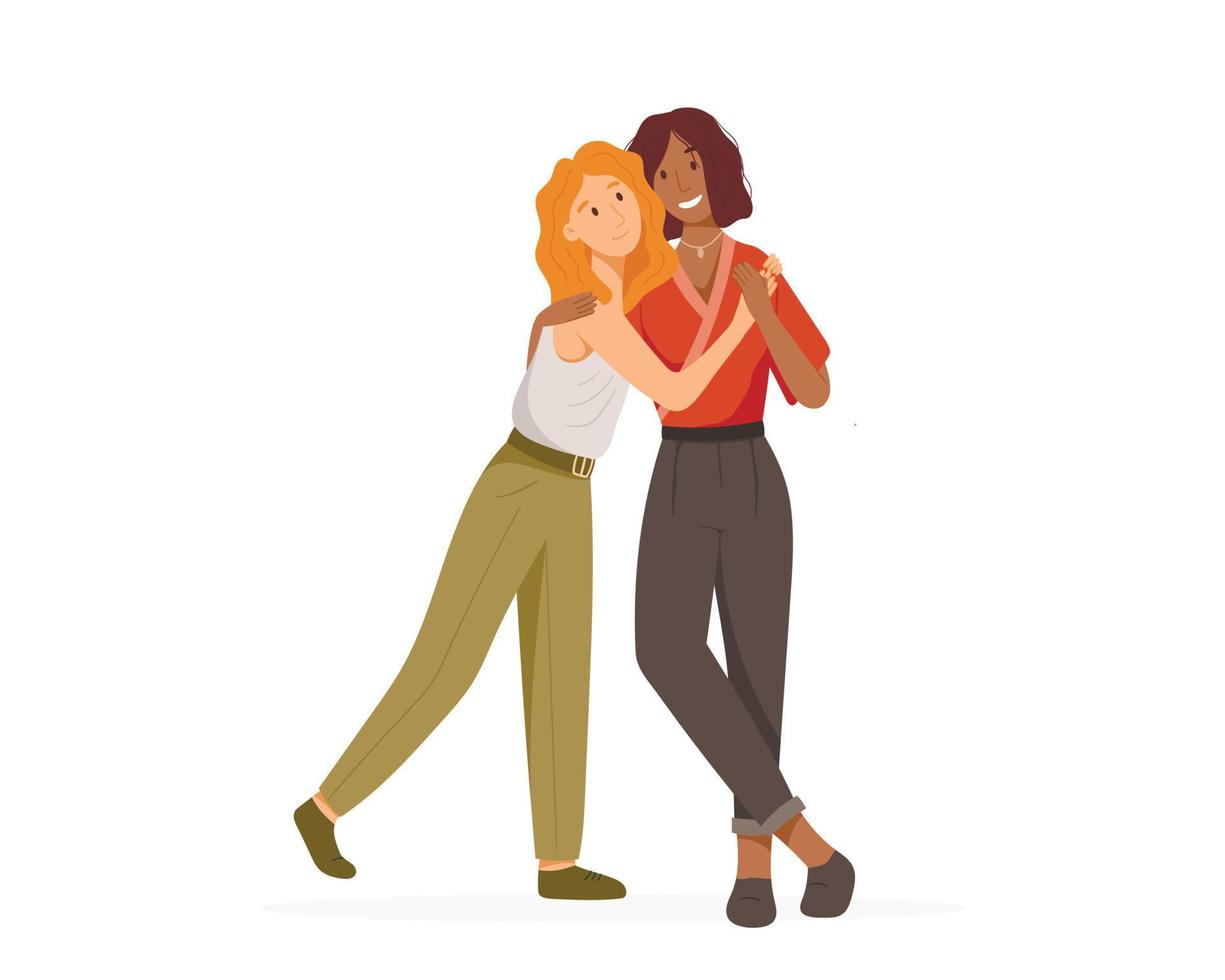 ilustração vetorial, casal de lésbicas feliz dos desenhos animados isolado no fundo branco. relacionamento do mesmo sexo, família lgbt. lindas mulheres homossexuais juntas e se abraçando. vetor