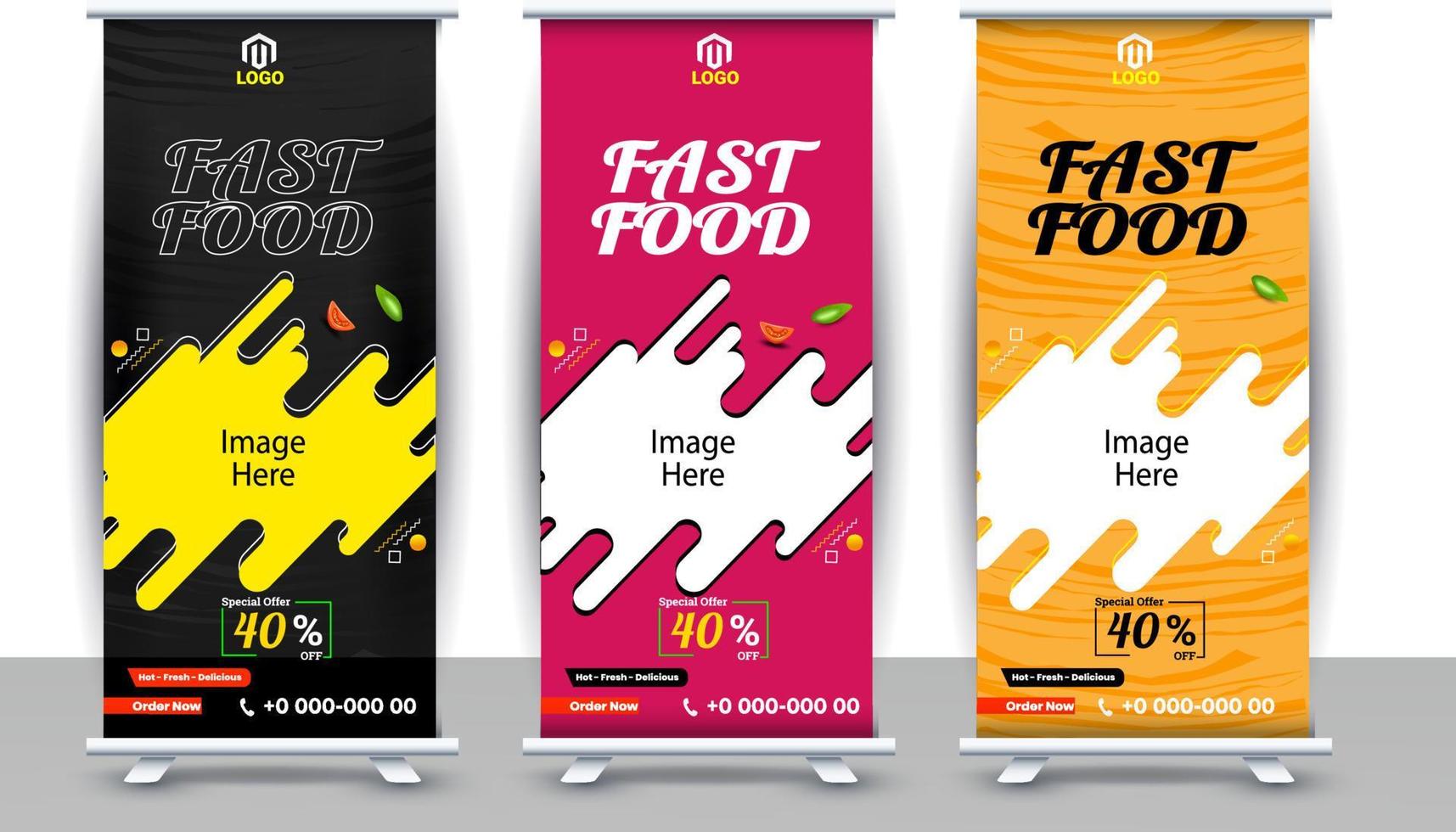 modelo de design de banner roll-up de comida e restaurante, banner de design standee, banner roll-up digital de comida de negócios moderno vetor