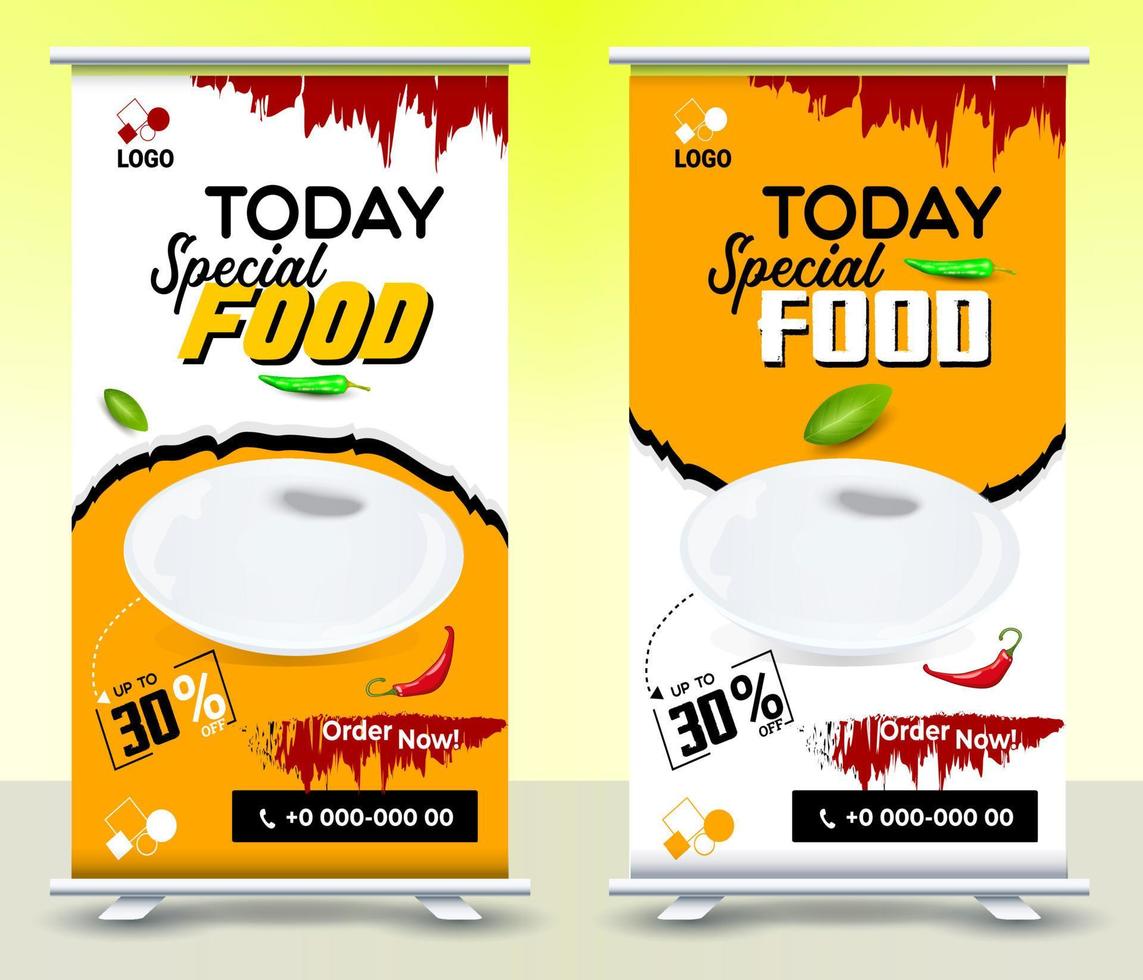 modelo de design de banner roll-up de comida e restaurante, banner de design standee, banner roll-up digital de comida de negócios moderno vetor