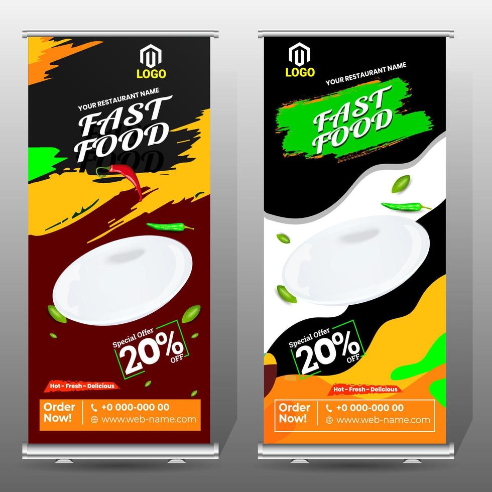 modelo de design de banner roll-up de comida e restaurante, banner de design standee, banner roll-up digital de comida de negócios moderno vetor