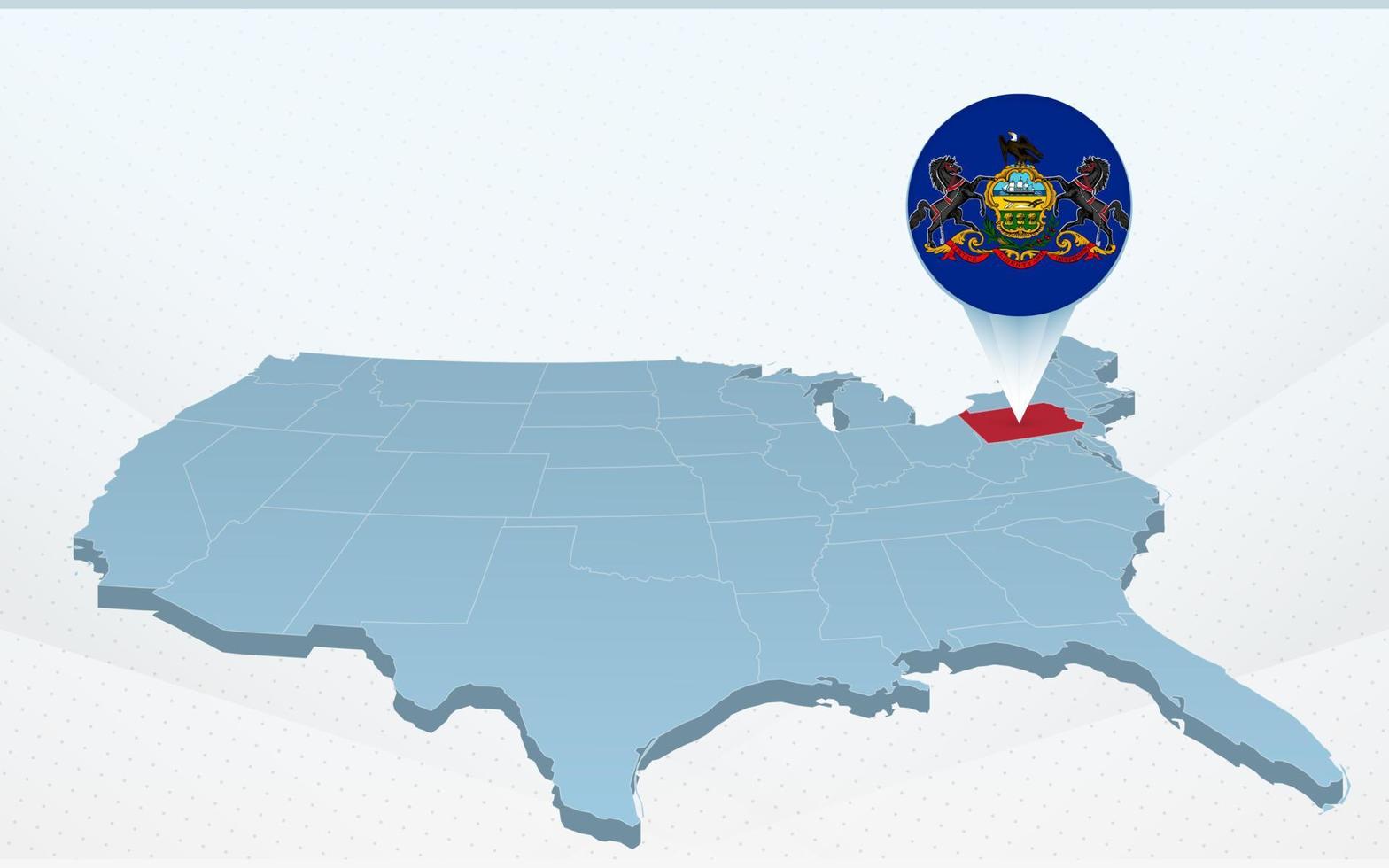 Mapa do estado da Pensilvânia no mapa dos Estados Unidos da América em perspectiva. vetor