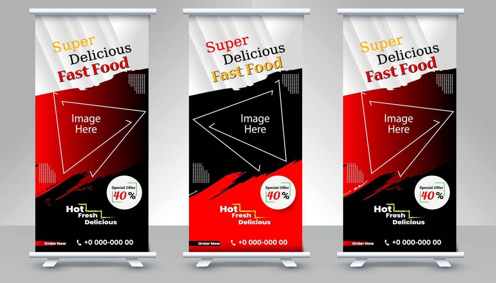 modelo de design de banner roll-up de comida e restaurante, banner de design standee, banner roll-up digital de comida de negócios moderno vetor