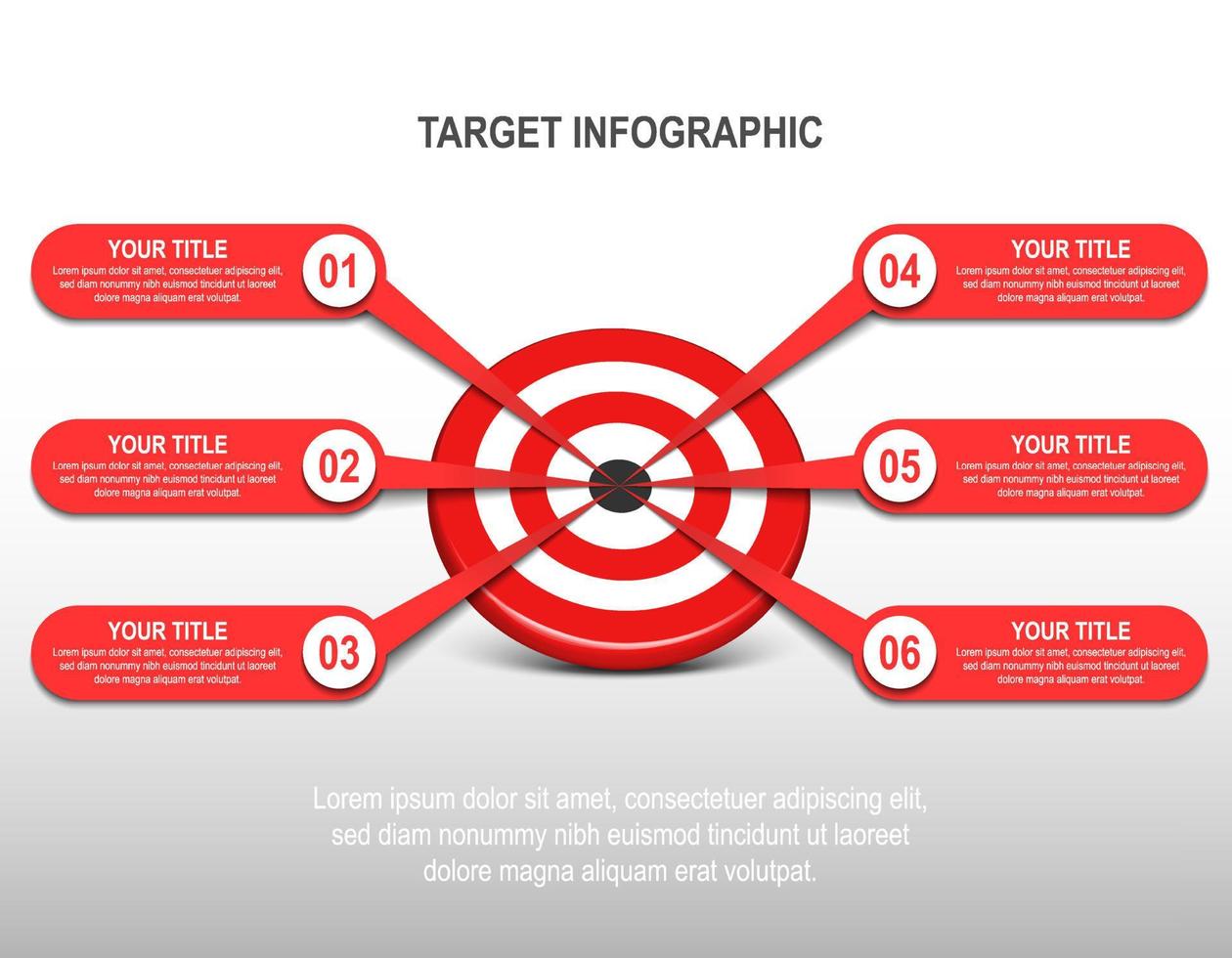 Alvo de alvo vermelho 3D com rótulo infográfico. número do passo de destino. gráfico de dados de negócios, meta de investimento, desafio de marketing, apresentação de estratégia, diagrama de conquista. modelo de vetor de informações.