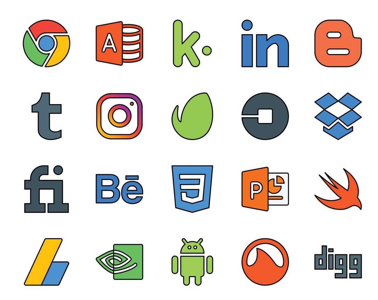 20 pacotes de ícones de mídia social, incluindo adsense powerpoint uber css fiverr vetor