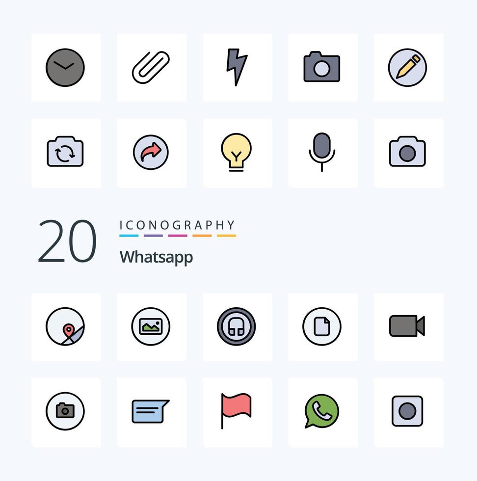 Pacote de ícones de cores preenchidas com 20 linhas do whatsapp, como documento básico do fone de ouvido da interface do usuário do relógio vetor