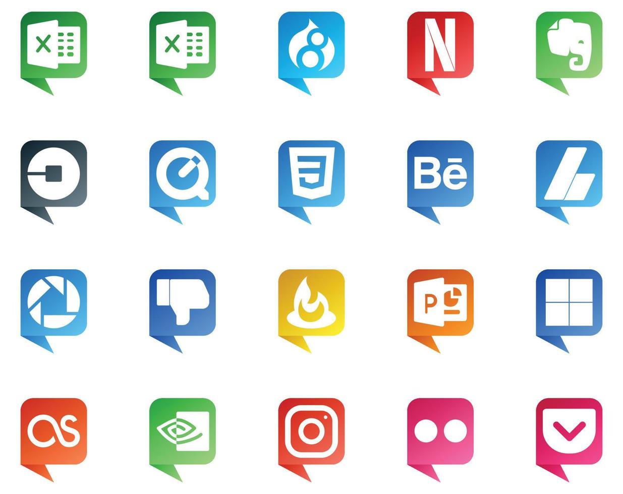 20 logotipo de estilo de bolha de fala de mídia social como lastfm powerpoint css feedburner picasa vetor