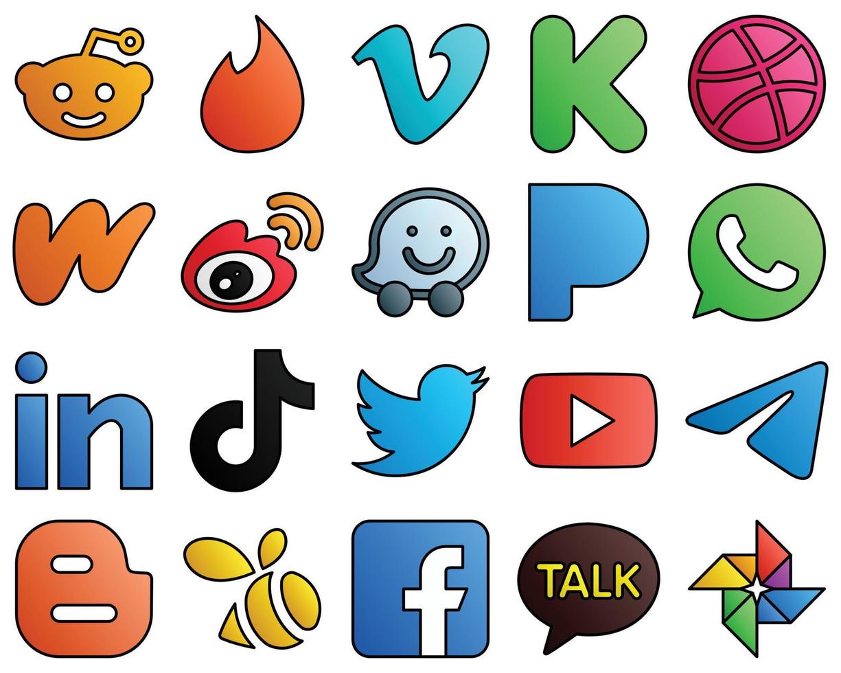 conjunto de ícones de mídia social de estilo de linha preenchido profissional. Whatsapp. literatura e pandora 20 ícones únicos vetor