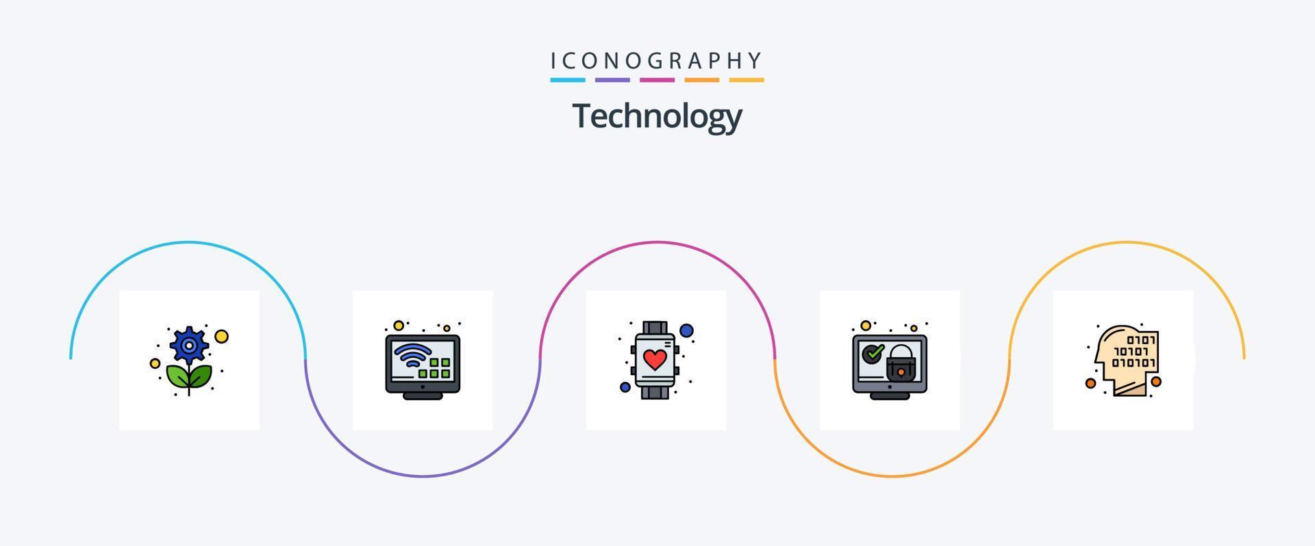 linha de tecnologia cheia de pacote de 5 ícones planos, incluindo segurança. sistema. coração. tela. Assistir vetor