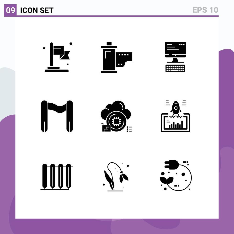 grupo de 9 sinais e símbolos de glifos sólidos para computador em nuvem de chip iniciar e terminar elementos de design de vetores editáveis