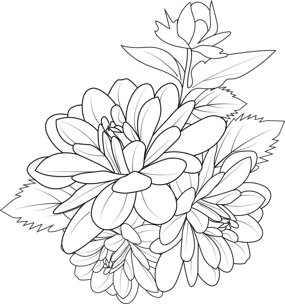 tatuagem de flor dália, ilustração de desenho vetorial preto e branco de buquê de ornamento floral de nenúfar dália simplicidade, enfeite, elemento de design zentangle de cartão de impressão páginas para colorir vetor