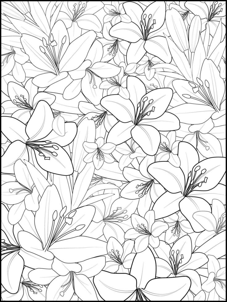 padrão floral vetor sem emenda. Ilustração vetorial de um lindo fundo botânico de flores de lírio, páginas para colorir para adultos.