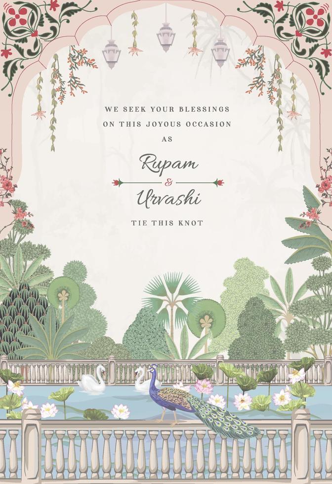 design de cartão de casamento tradicional indiano mughal. cartão de convite para impressão de ilustração vetorial. vetor