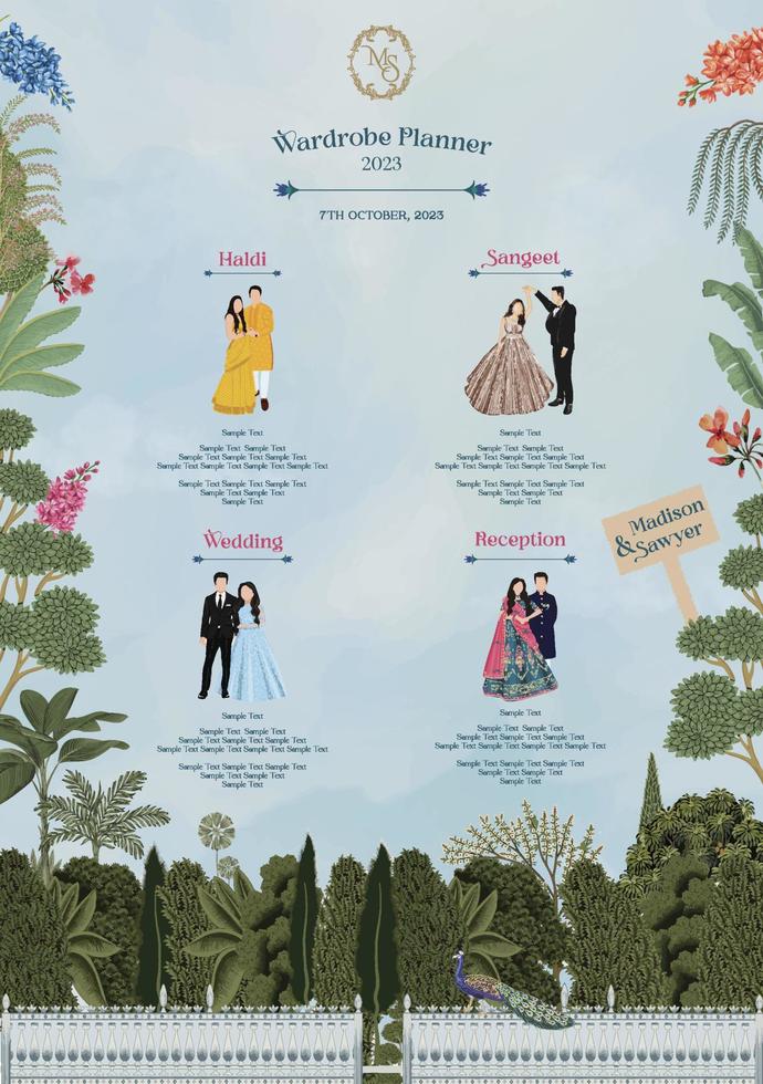 planejador de guarda-roupa de casamento mogol tradicional para ilustração em vetor de roupa de várias funções.