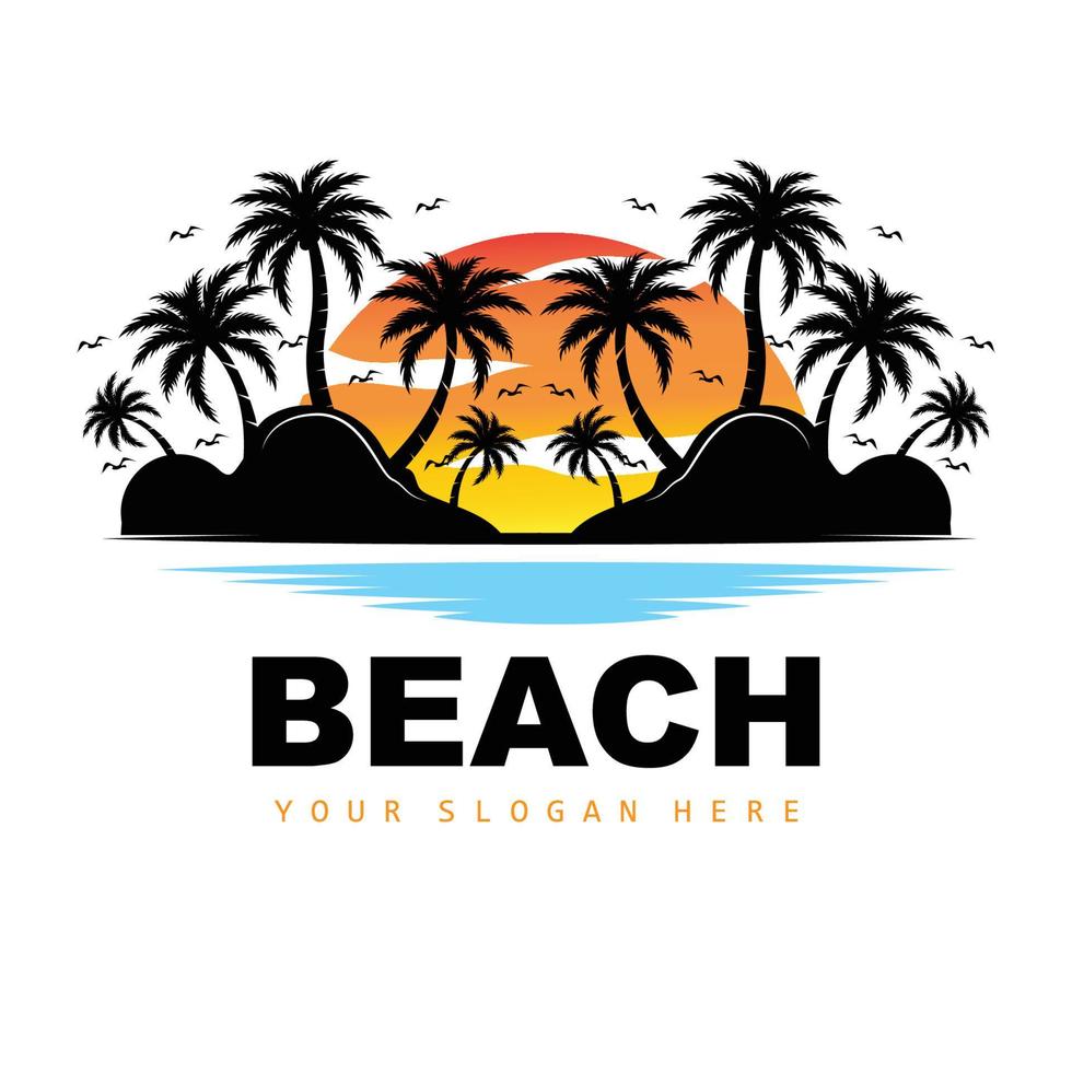 logotipo de coqueiro e praia, design de paisagem natural do oceano, vetor de planta de ícone de praia