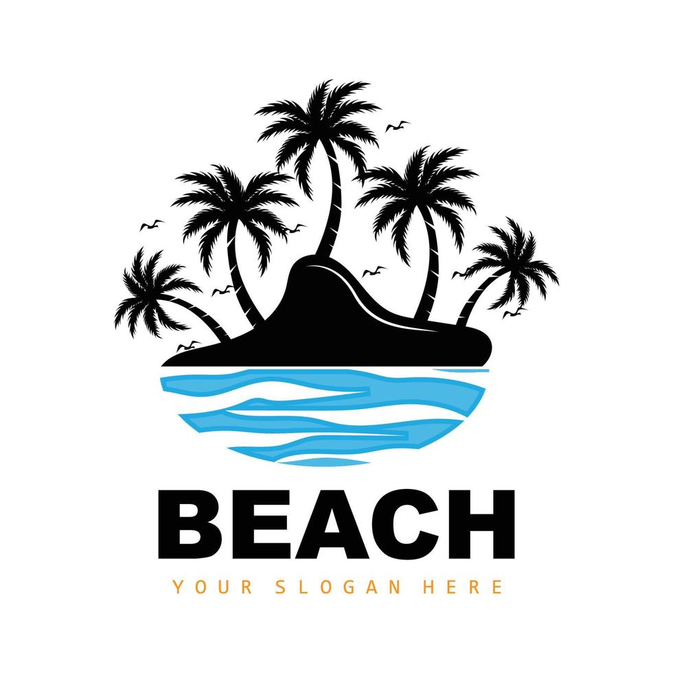 logotipo de coqueiro e praia, design de paisagem natural do oceano, vetor de planta de ícone de praia