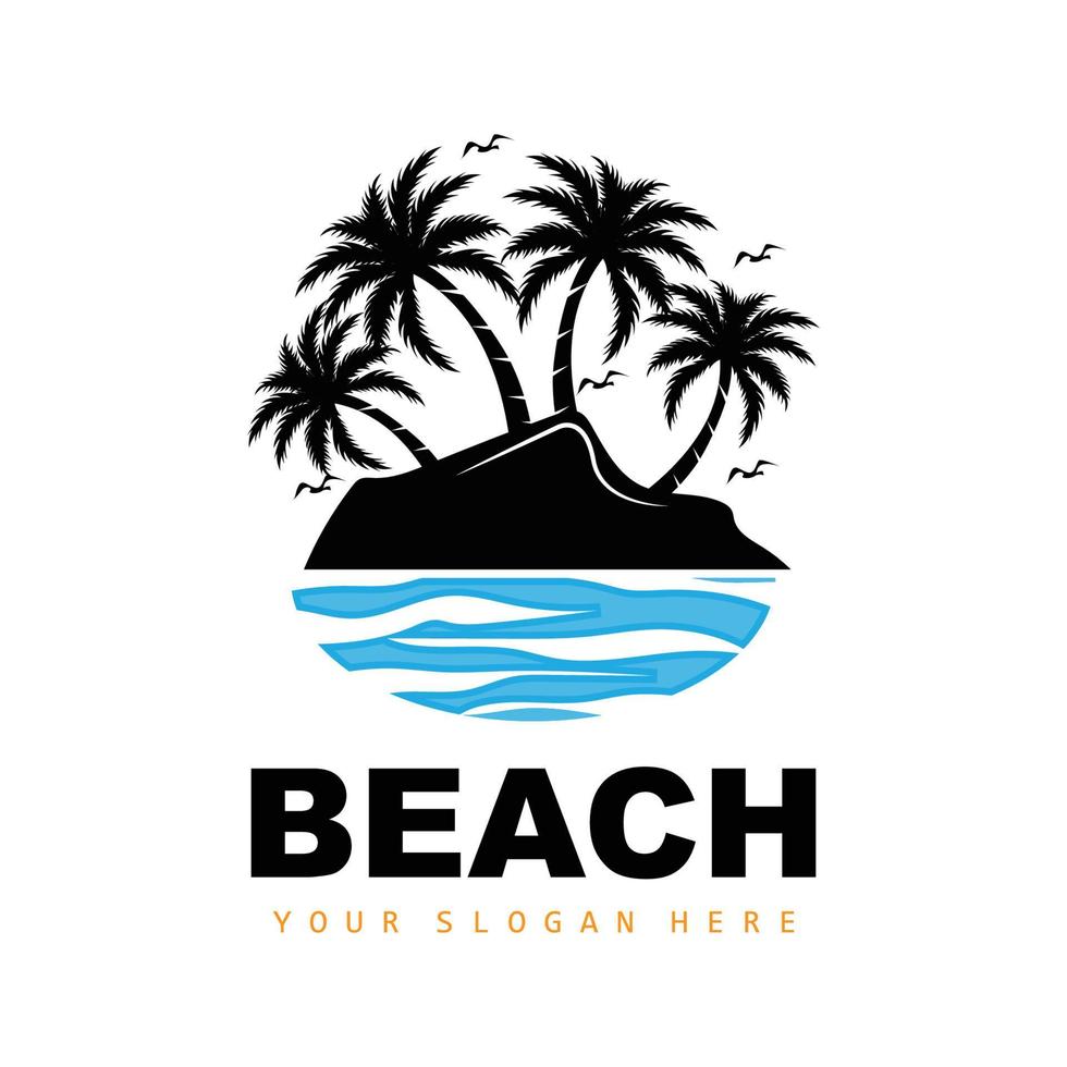 logotipo de coqueiro e praia, design de paisagem natural do oceano, vetor de planta de ícone de praia