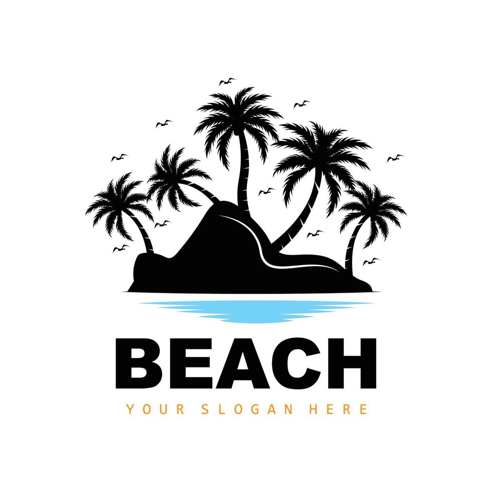 logotipo de coqueiro e praia, design de paisagem natural do oceano, vetor de planta de ícone de praia