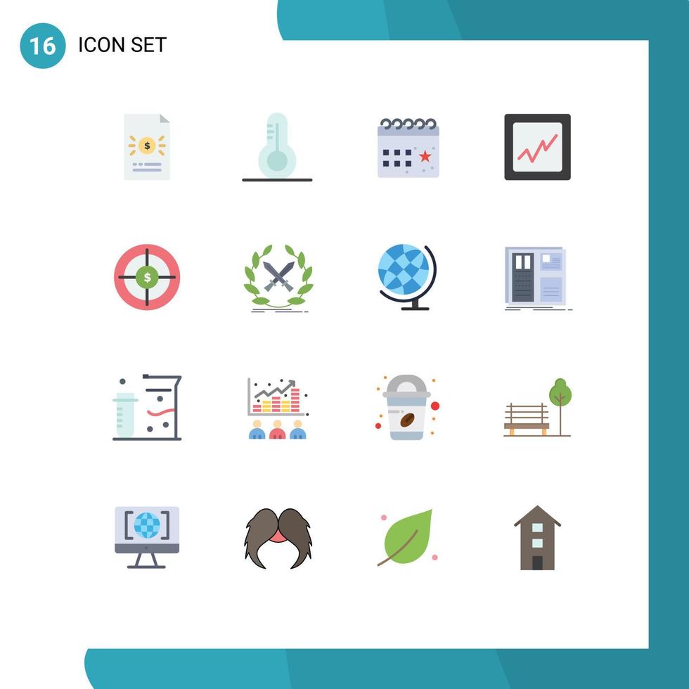 Pacote de cores planas de 16 interfaces de usuário de sinais e símbolos modernos de finanças, público, calendário, gráfico, festa, pacote editável de elementos de design de vetores criativos