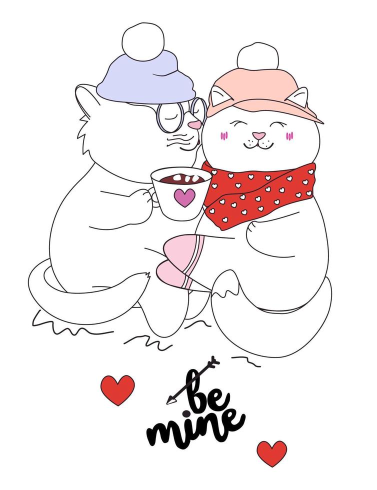 ser ilustração romântica mine.vector com um casal de gatos bonitos com uma xícara de café e cores de destaque vermelho, rosa, azul, sobre fundo branco isolado. vetor